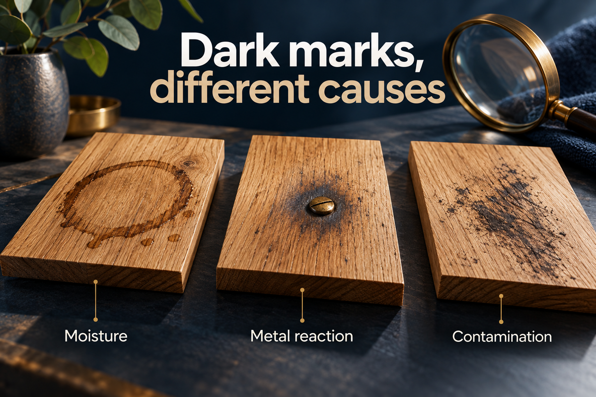 01_Dark stains on timber specimens from moisture metal and surface contamination