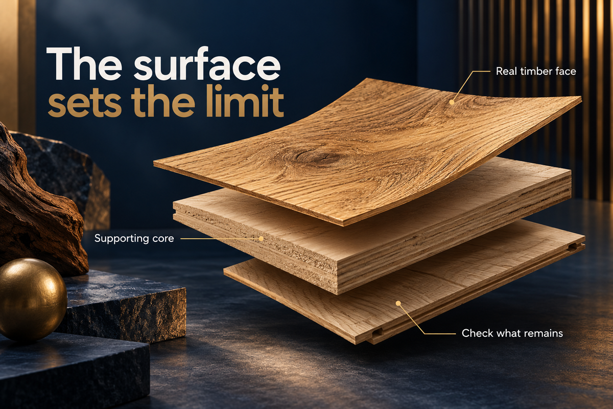 01_Engineered timber board showing the real wood face above its supporting layers