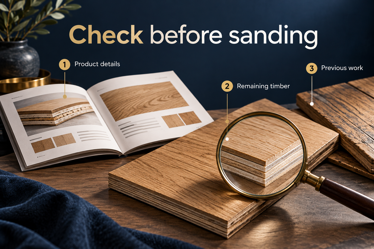 02_Engineered floor assessment with product records and an exposed board edge
