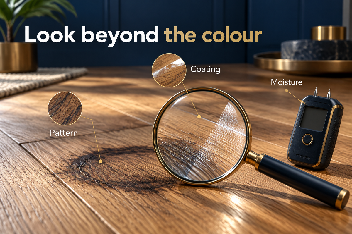 02_Inspection of a dark timber floor stain before choosing treatment