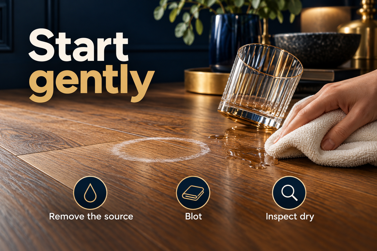 03_Gentle blotting of a fresh spill beside a white mark on timber flooring
