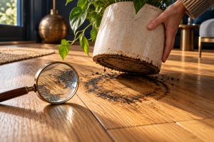 06_Dark water ring on a timber floor beside a lifted indoor plant pot