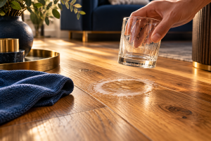 06_White moisture ring on warm oak flooring with a soft cloth nearby