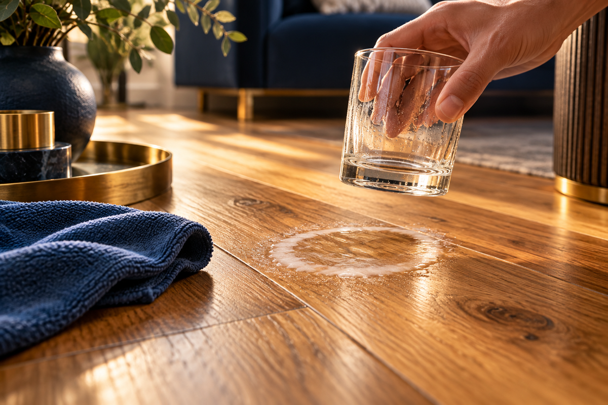 06_White moisture ring on warm oak flooring with a soft cloth nearby