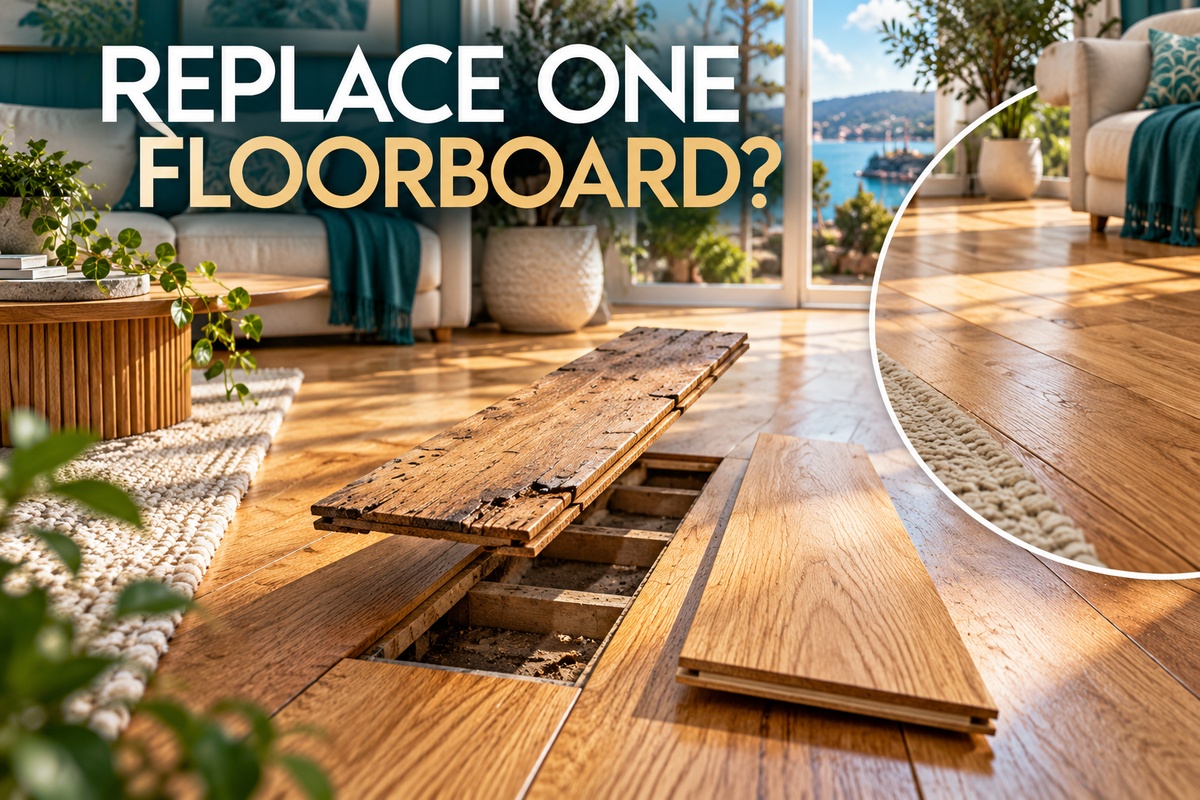 6 Damaged floorboard and replacement plank in a sunlit living room
