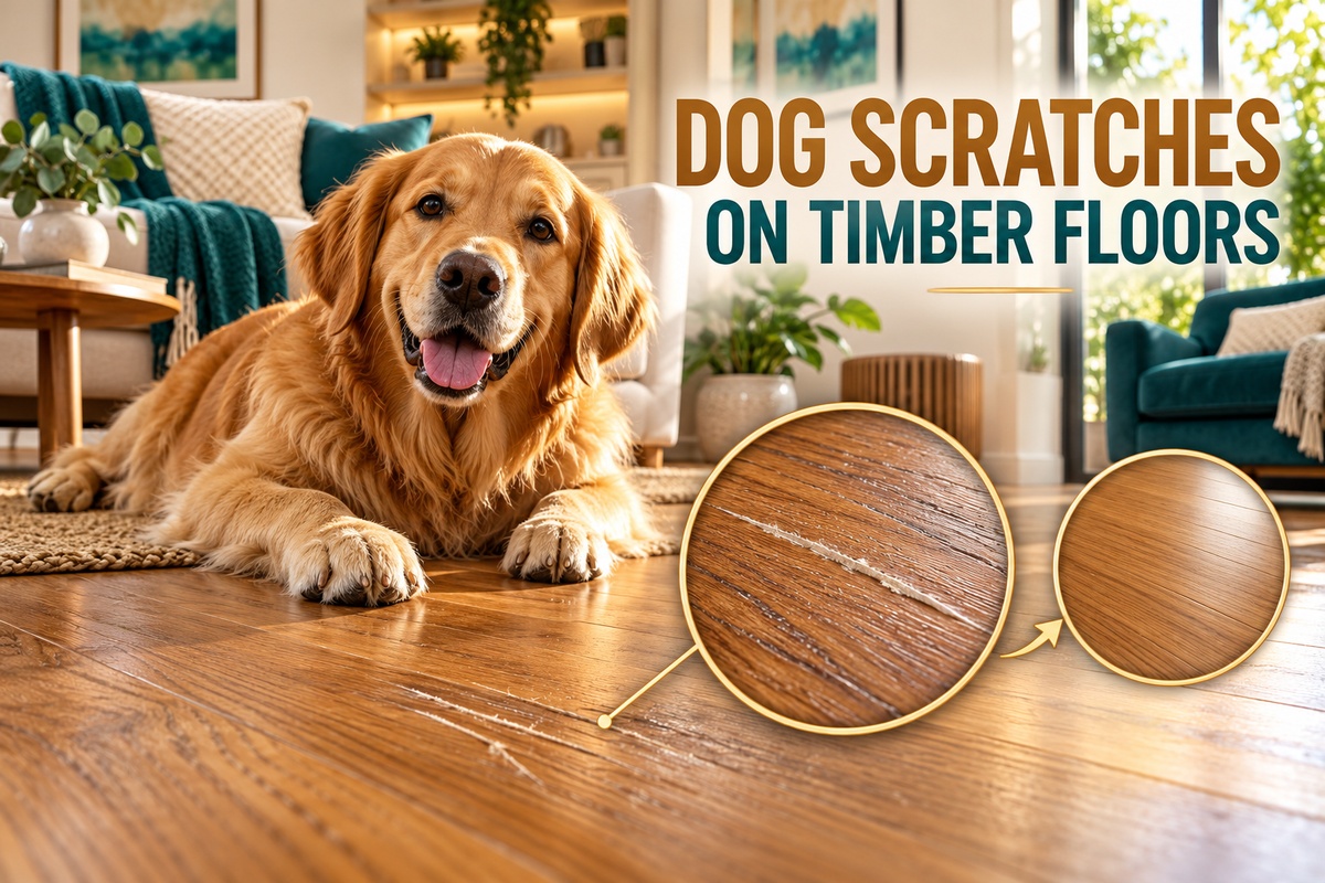 6 Dog beside scratched timber floor and smooth finish detail
